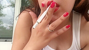 Sexy Brunette Teen Smoking in White Wifebeater Tank Top Long Cigarette 100
