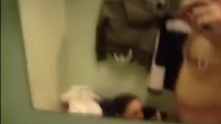 Pretty brunette girlfriend make a hell of a blowjob in men’s changing room,damn