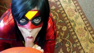 Spiderwoman Gives A Sloppy Blowjob In The Office and Gets A Web Facial