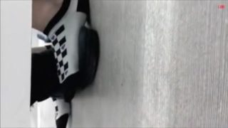 Tight jeans is a hard job for a petite babe in a changing room
